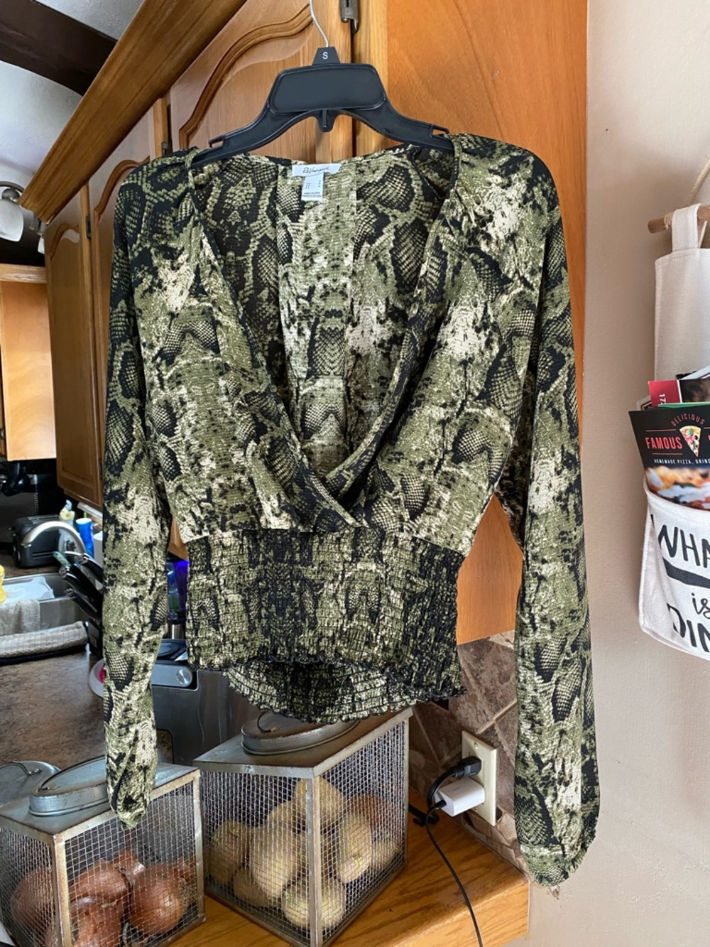 Revamped Snake Print Surplice Blouse with open back in Olive and Black Sz Small